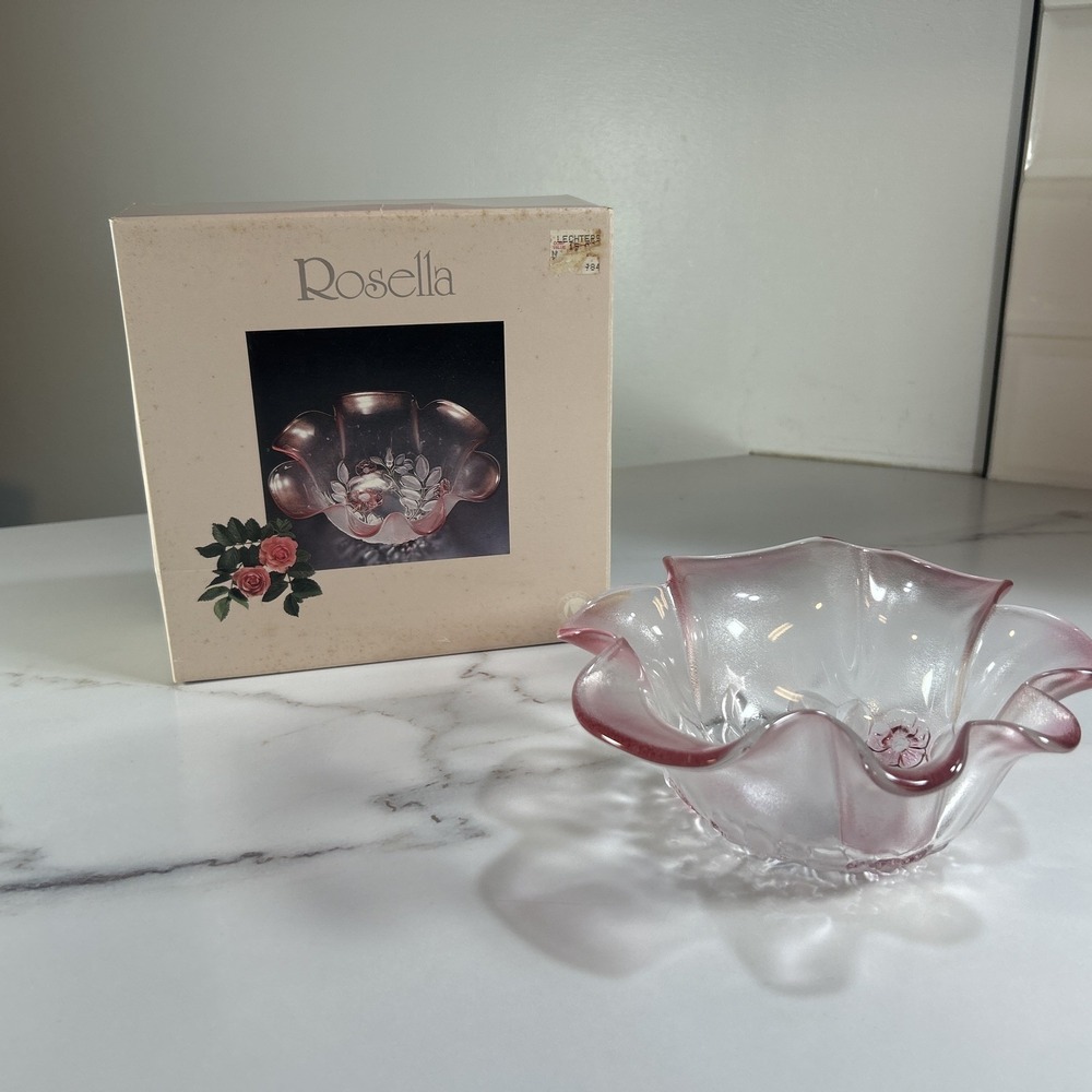 Vintage Mikasa Walther Rosella Ruffle Edge Flower Bowl Pink Clear Glass Dish 11"